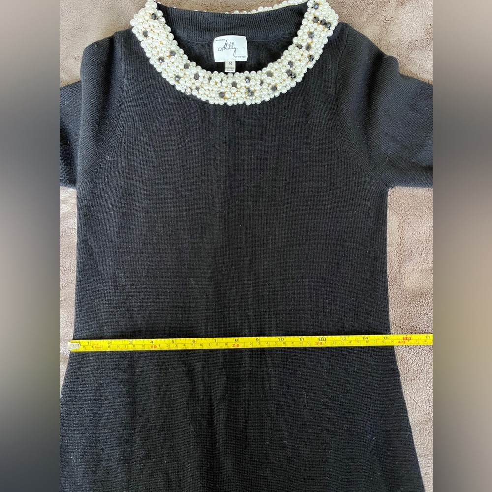 MILLY Women's Black Knit Pearl Trim Dress sz M - Picture 12 of 12